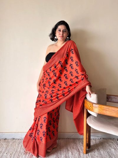 Gulmohar Cotton Bagru Handblock Printed Saree | Red, Black