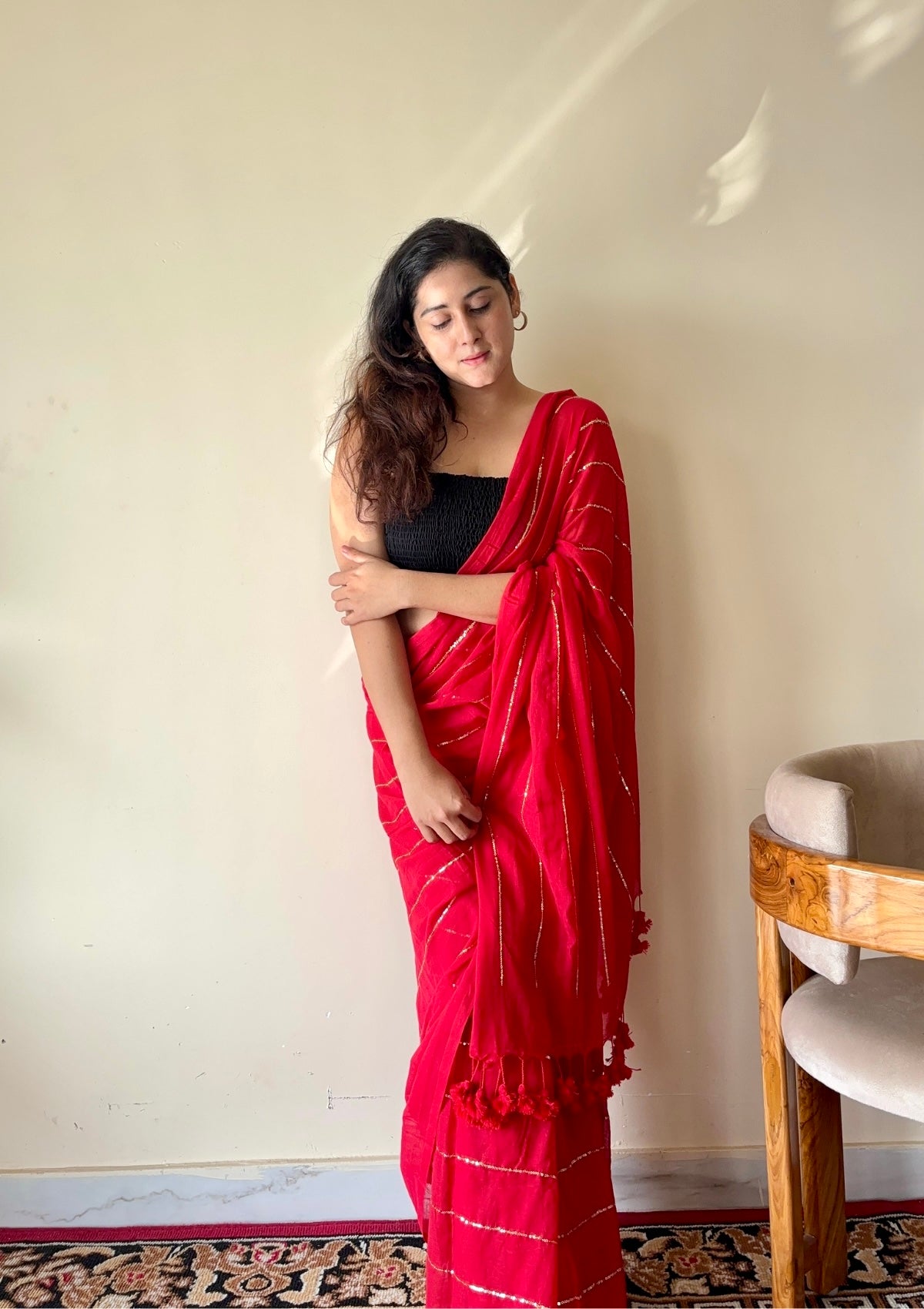 Rooh Red Mul Cotton Gold Sequin Stripe Saree
