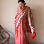 Zariya Coral Linen Tissue Saree with Silver Zari Border