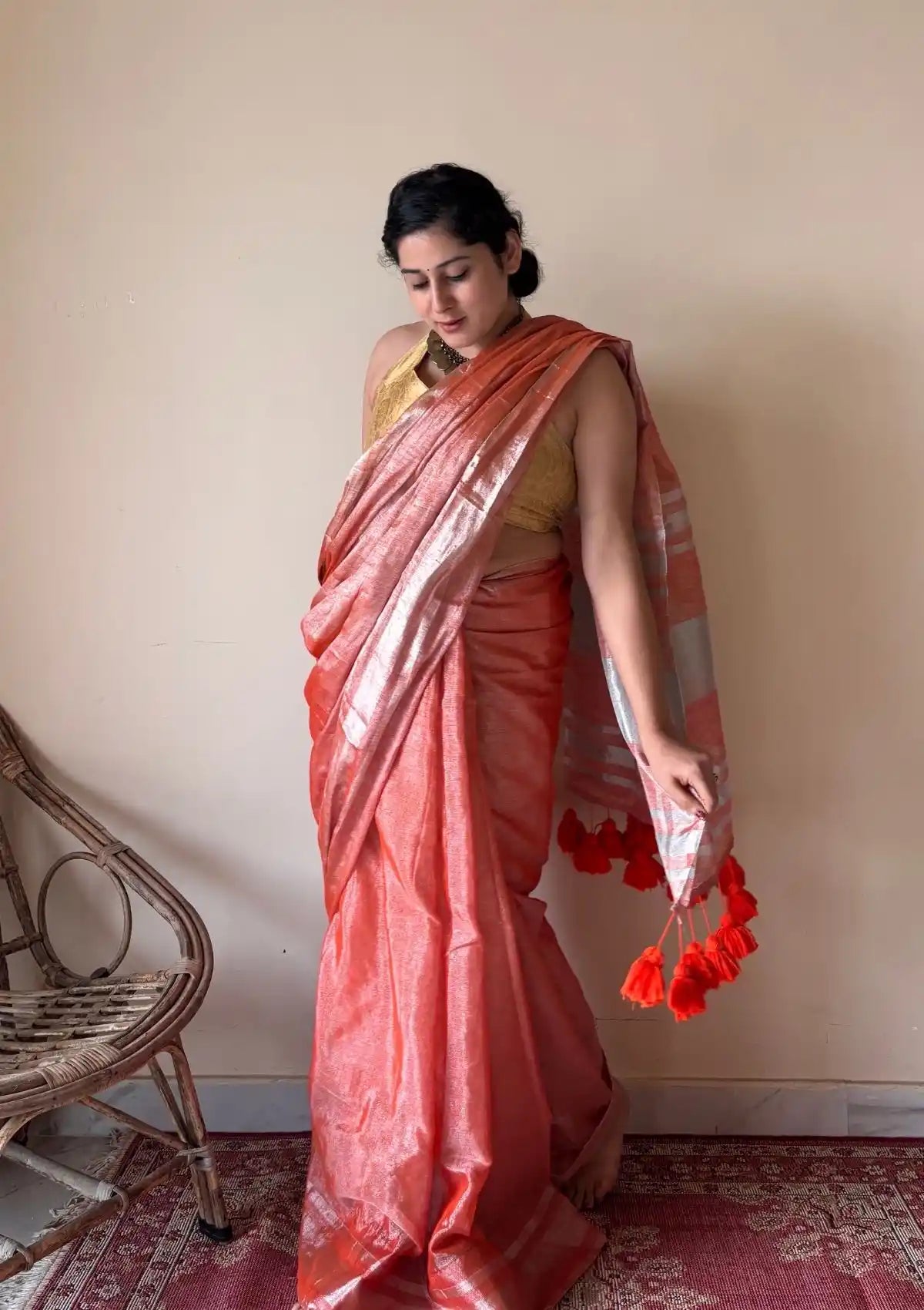 Zariya Coral Linen Tissue Saree with Silver Zari Border