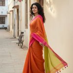 Charu Orange and Lime Green Pure Handloom Cotton Saree