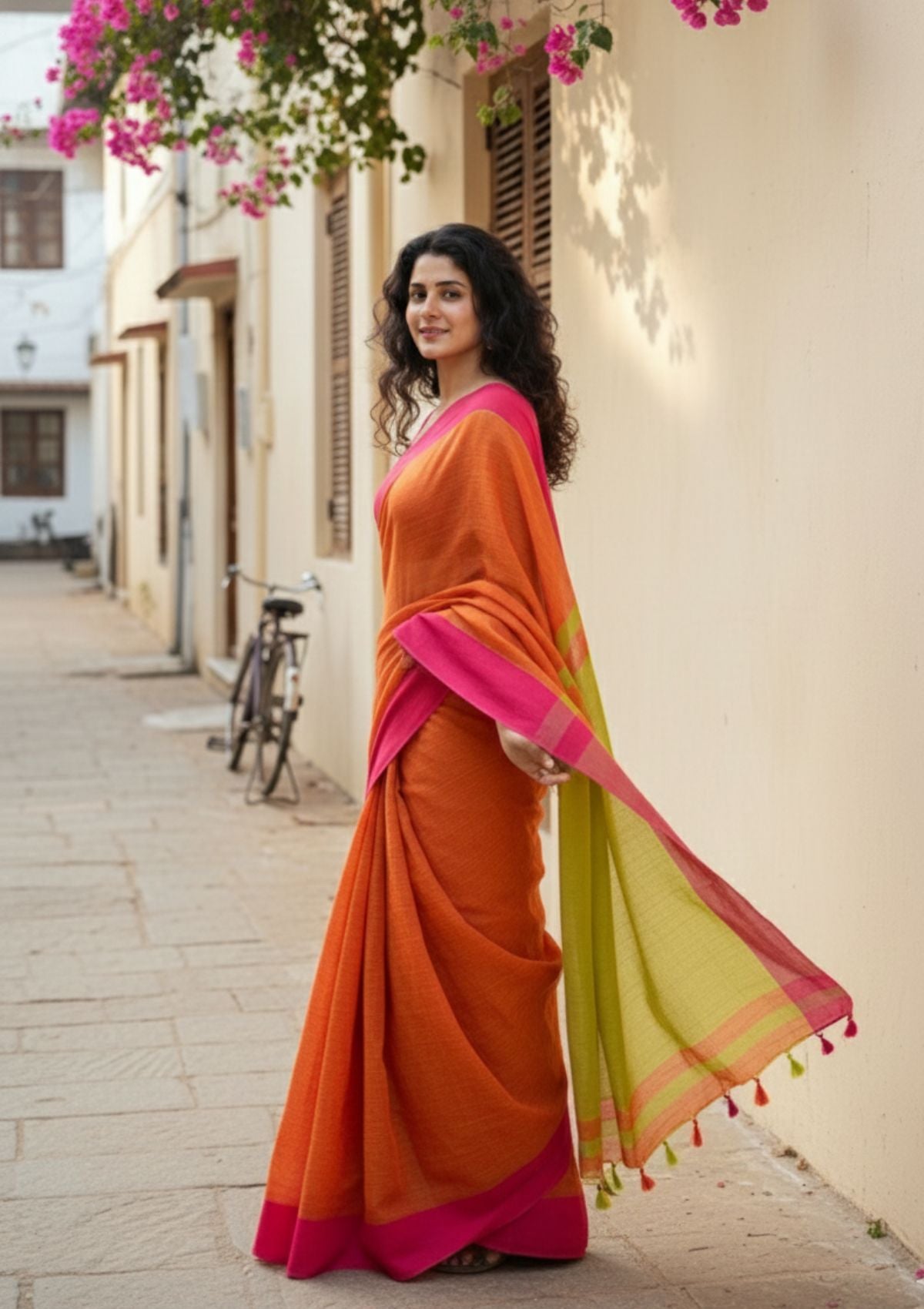 Charu Orange and Lime Green Pure Handloom Cotton Saree