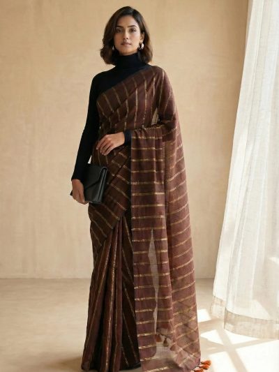 Vedika Chocolate Brown Mulmul Cotton Saree
