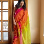 Charu Orange and Lime Green Pure Handloom Cotton Saree