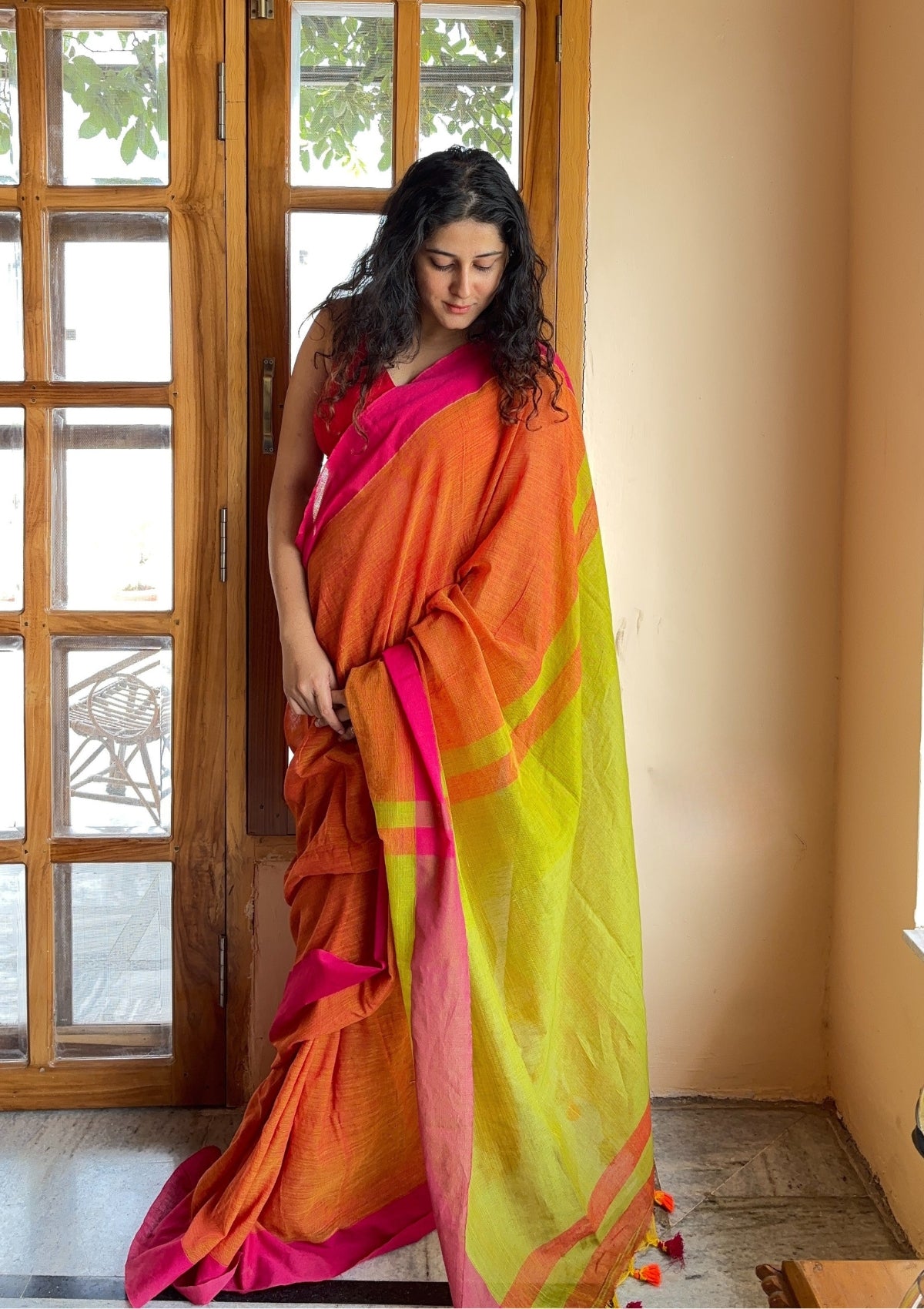 Charu Orange and Lime Green Pure Handloom Cotton Saree