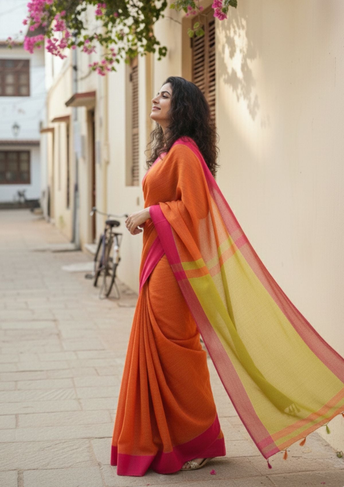 Charu Orange and Lime Green Pure Handloom Cotton Saree