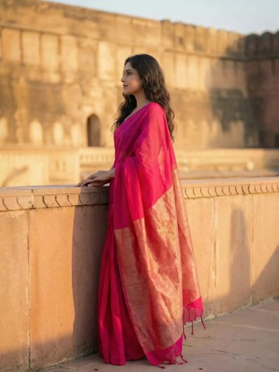 Gulal Pink Pure Cotton Handloom Saree