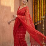 Rooh Red Mul Cotton Gold Sequin Stripe Saree