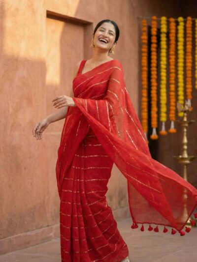 Rooh Red Mul Cotton Gold Sequin Stripe Saree