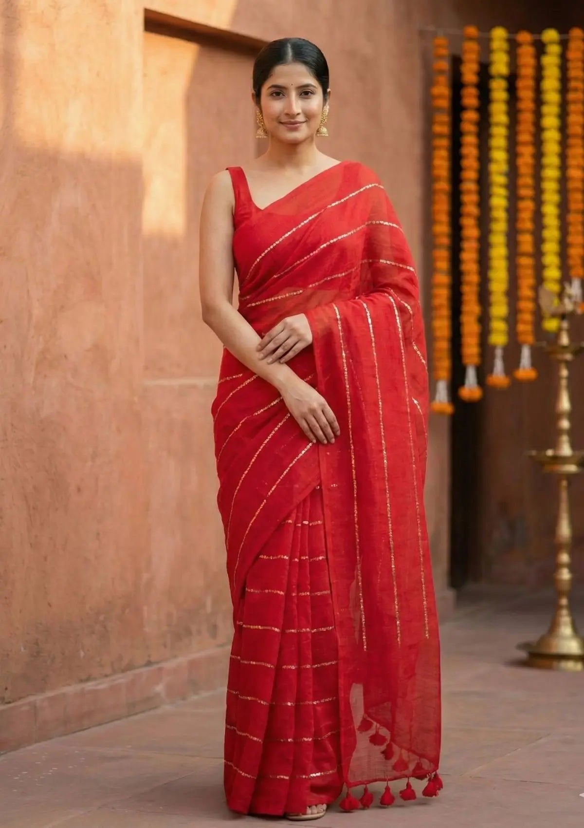 Rooh Red Mul Cotton Gold Sequin Stripe Saree