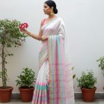 Chandrika White Handloom Cotton Saree with Pink & Green Temple Border