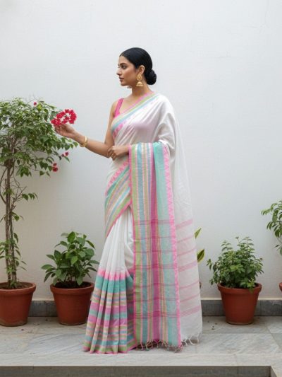 Chandrika White Handloom Cotton Saree with Pink & Green Temple Border