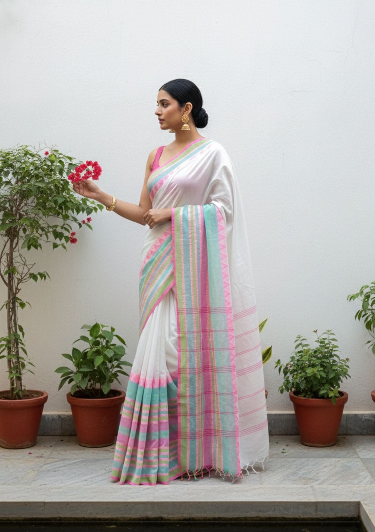 Chandrika White Handloom Cotton Saree with Pink & Green Temple Border