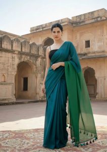 Mrinalini Peacock Blue and Green Soft Cotton Mulmul Saree