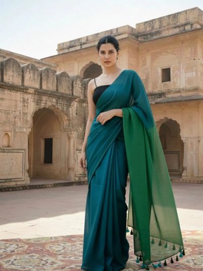Mrinalini Peacock Blue and Green Soft Cotton Mulmul Saree