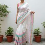 Chandrika White Handloom Cotton Saree with Pink & Green Temple Border