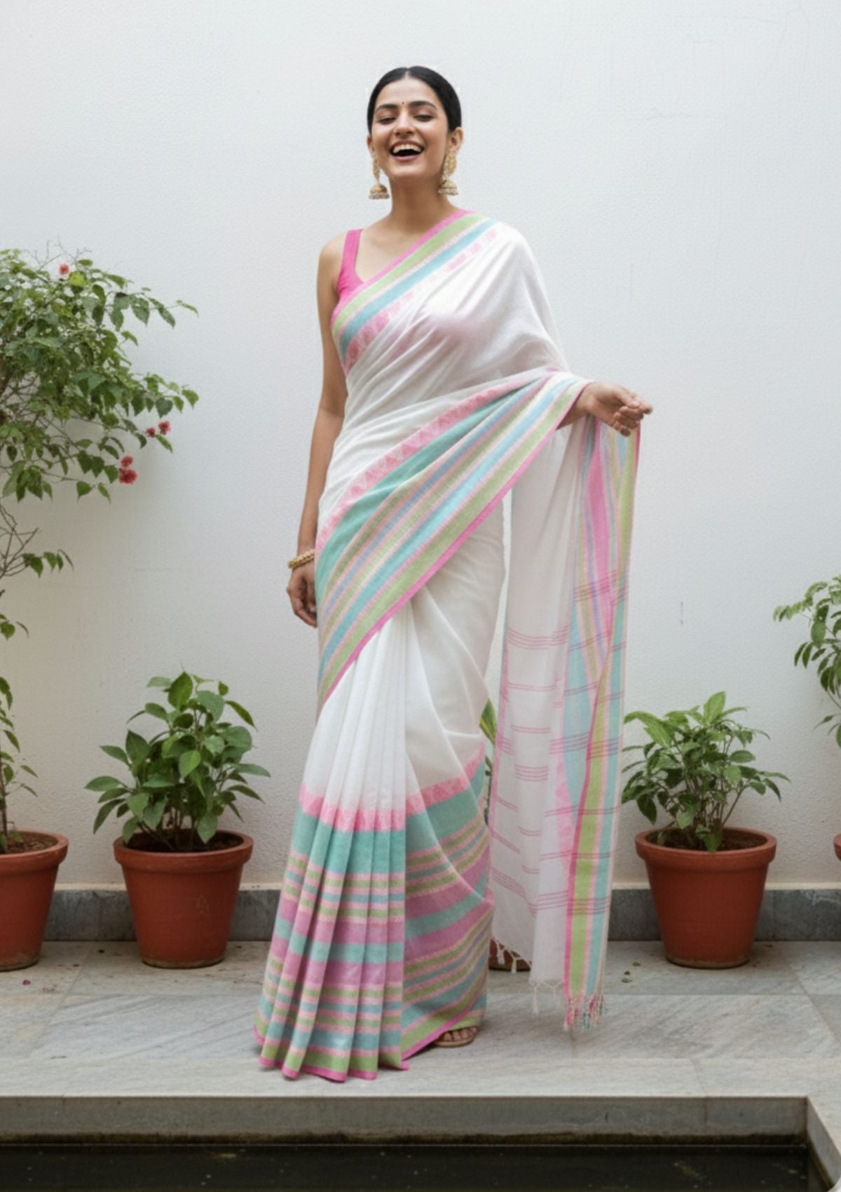 Chandrika White Handloom Cotton Saree with Pink & Green Temple Border