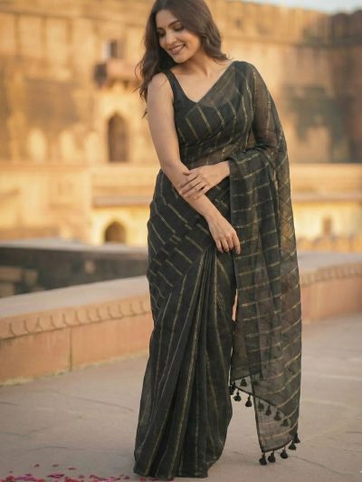 Saanjh Black Soft Mulmul Cotton Saree