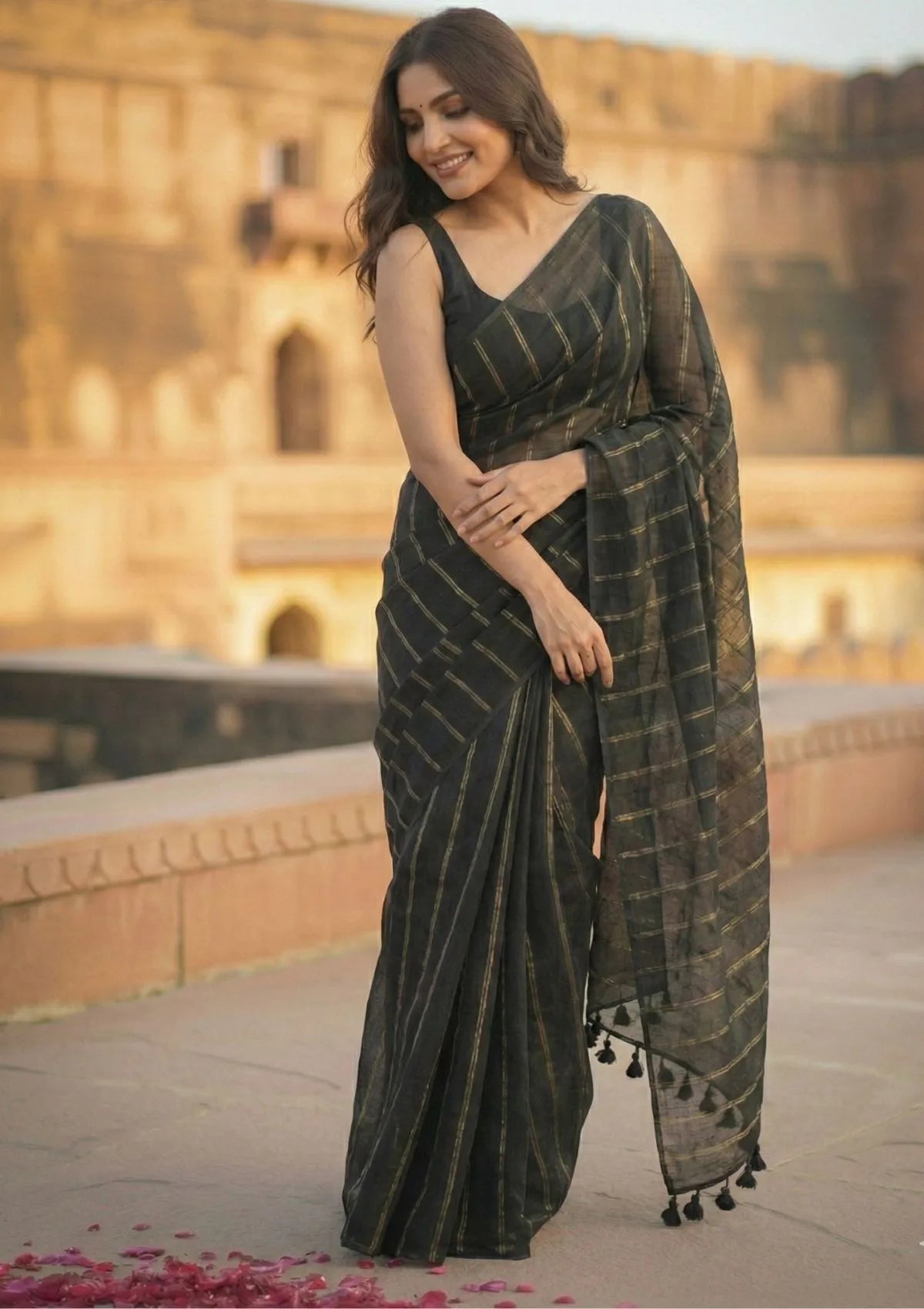Saanjh Black Soft Mulmul Cotton Saree
