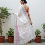 Chandrika White Handloom Cotton Saree with Pink & Green Temple Border
