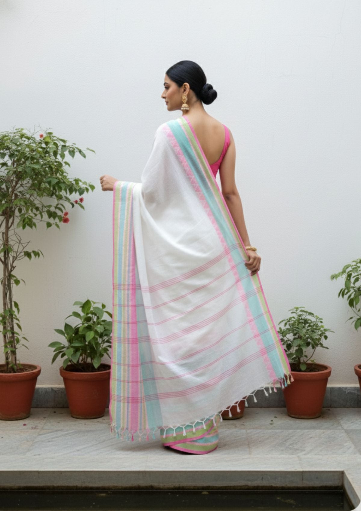 Chandrika White Handloom Cotton Saree with Pink & Green Temple Border
