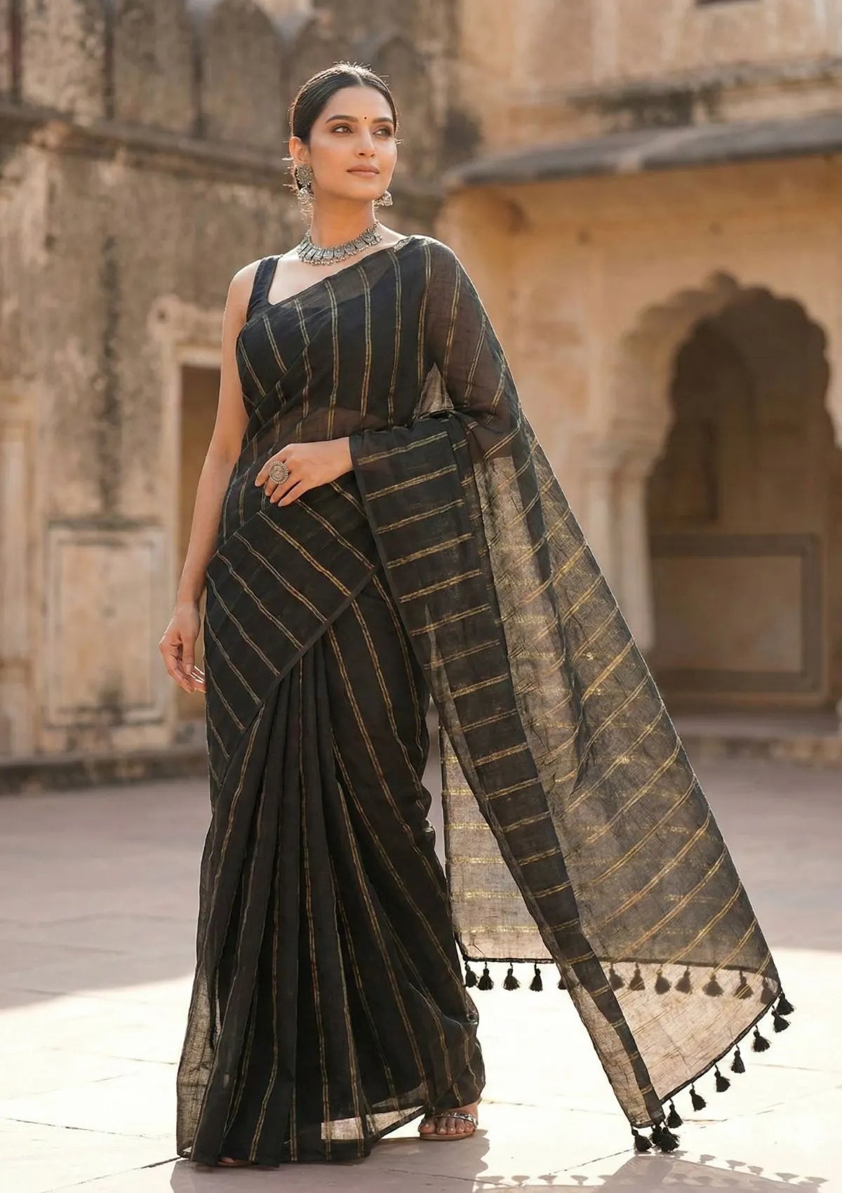 Saanjh Black Soft Mulmul Cotton Saree