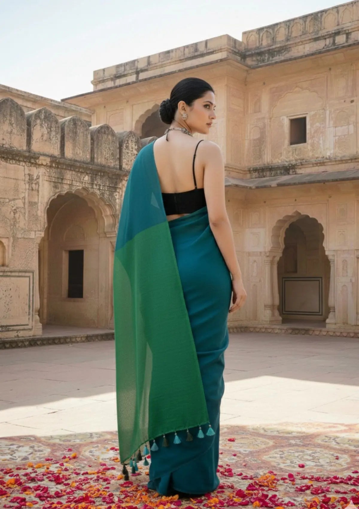 Mrinalini Peacock Blue and Green Soft Cotton Mulmul Saree