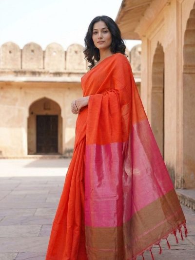 Sanjhvi Orange with Pink Tissue Pallu Pure Cotton Saree