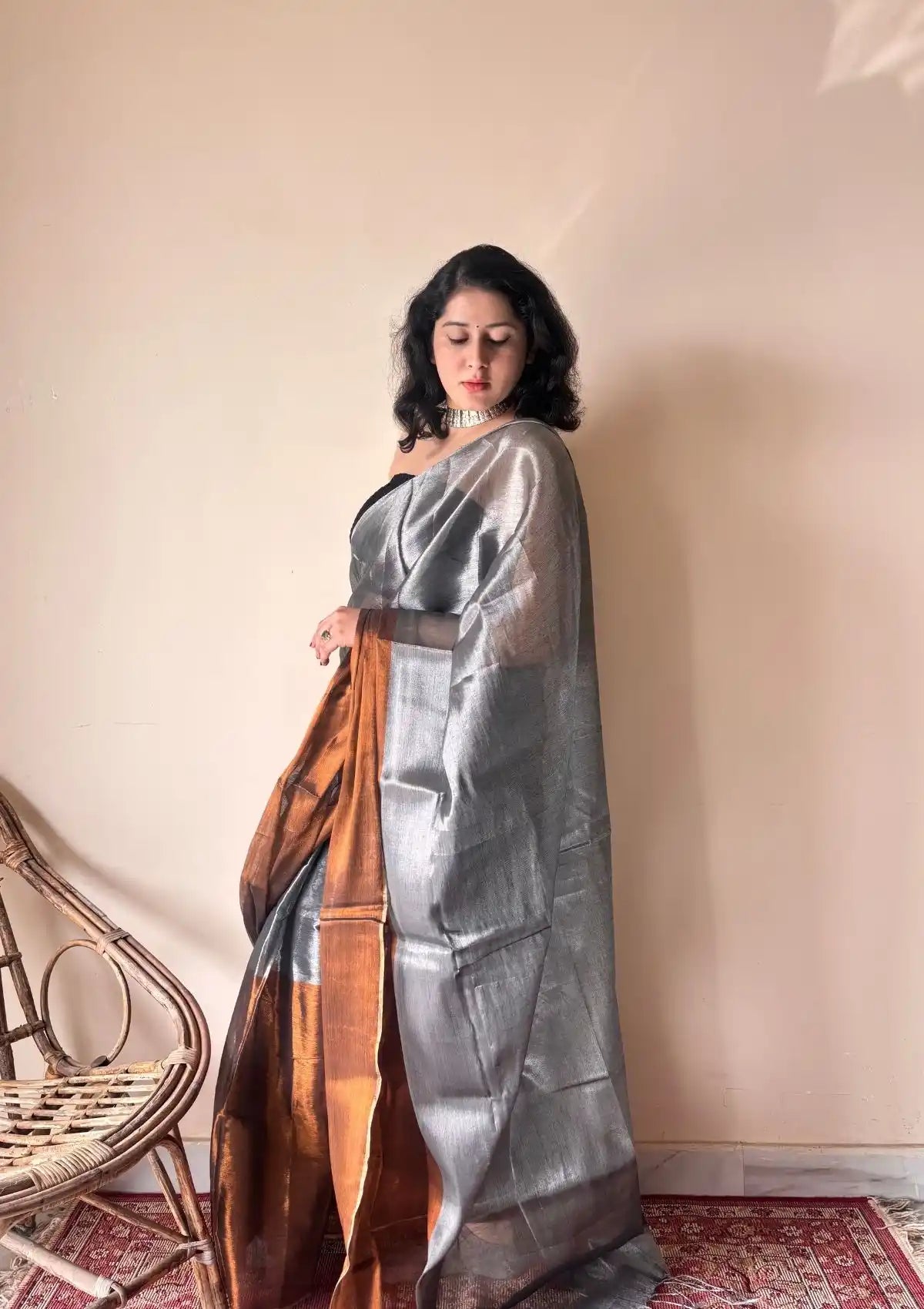 Aadhya – Metallic Silver Handloom Cotton Tissue Saree with Copper Accents