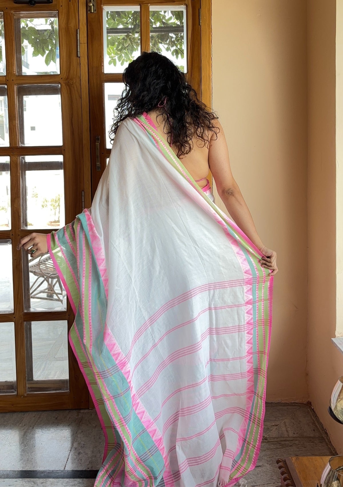 Chandrika White Handloom Cotton Saree with Pink & Green Temple Border