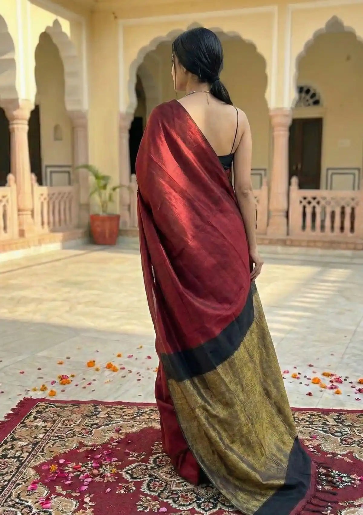 Tarini Maroon and Black Cotton Saree with Gold Tissue Border