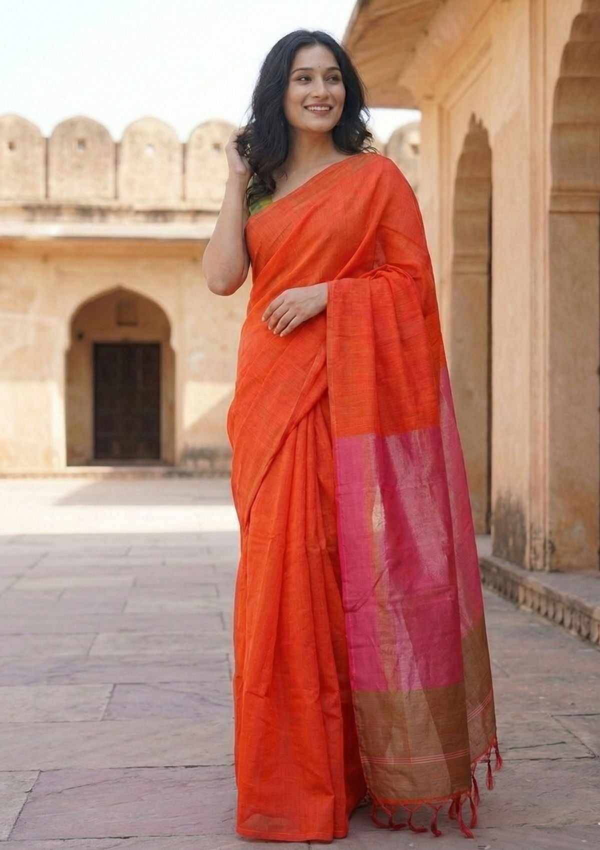 Sanjhvi Orange with Pink Tissue Pallu Pure Cotton Saree