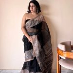 Jamini Kota Doria Cotton Silk Handblock Printed Saree | Black