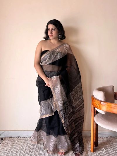 Jamini Kota Doria Cotton Silk Handblock Printed Saree | Black
