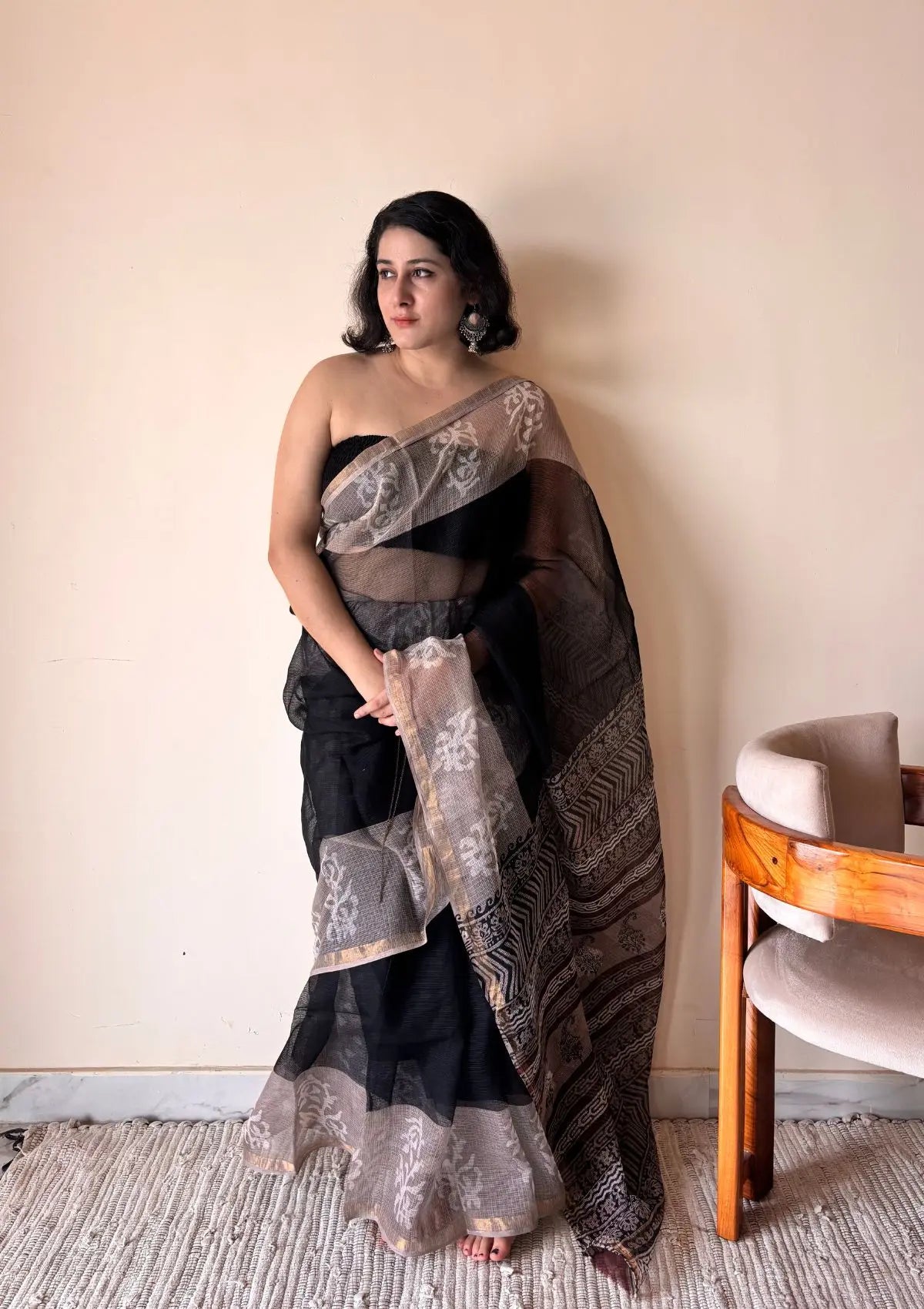 Jamini Kota Doria Cotton Silk Handblock Printed Saree | Black