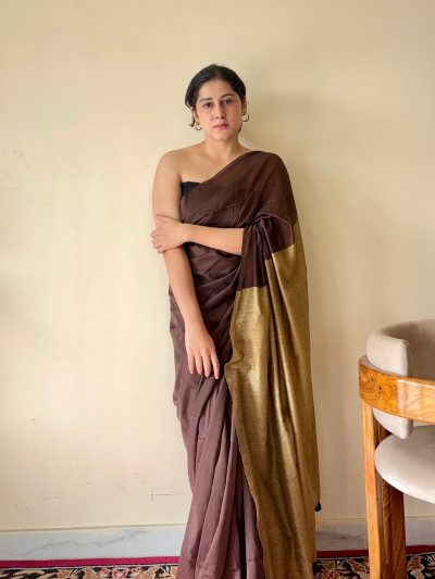Yogini Brown and Beige Pure Cotton Saree with Tassels