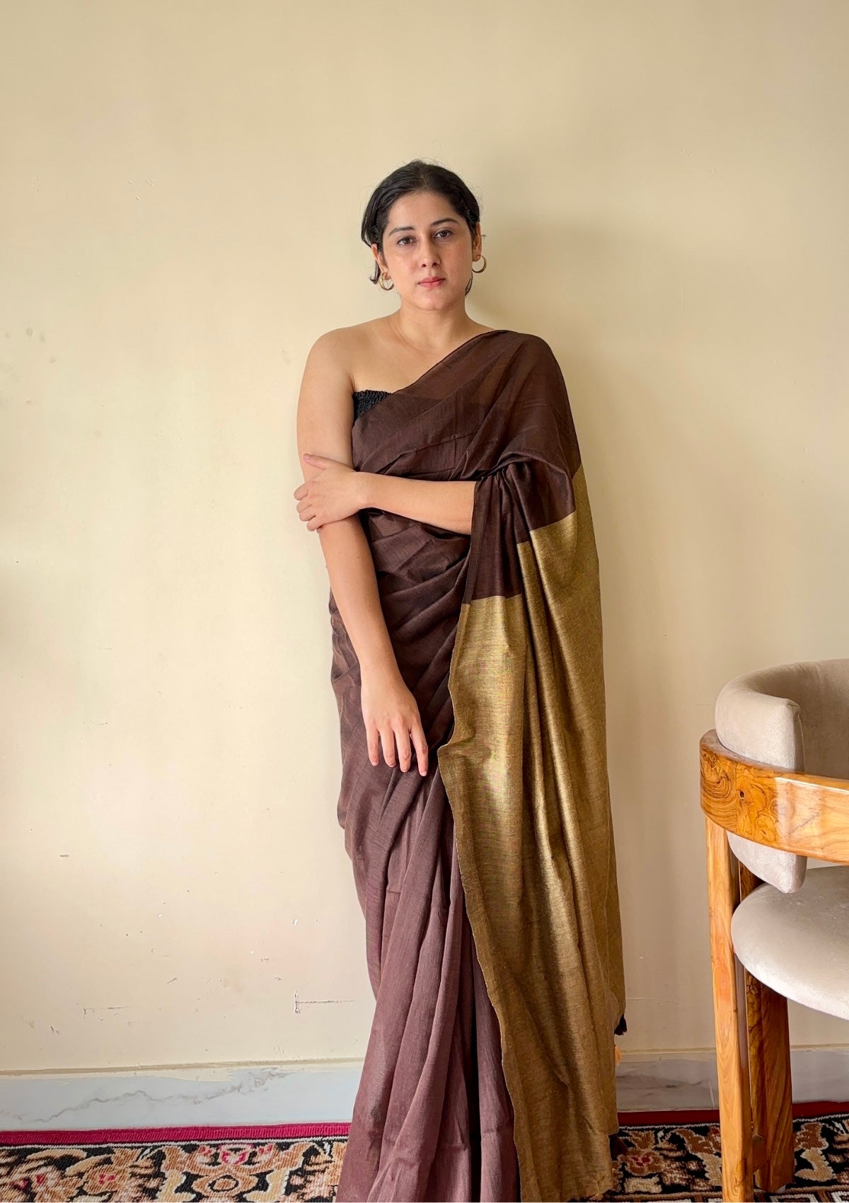 Yogini Brown and Beige Pure Cotton Saree with Tassels