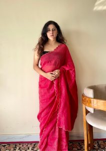 Aria Red Soft Mulmul Cotton Saree with Gold Stripes