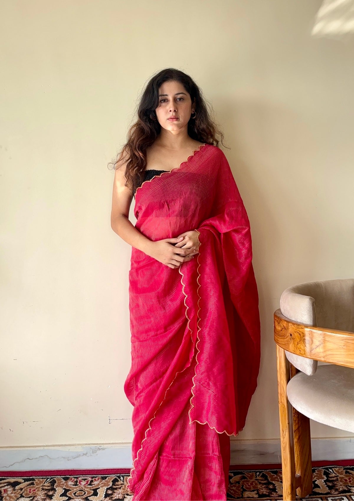 Aria Red Soft Mulmul Cotton Saree with Gold Stripes