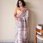 Bela Linen Cotton Bagru Handblock Printed Saree | White Pink