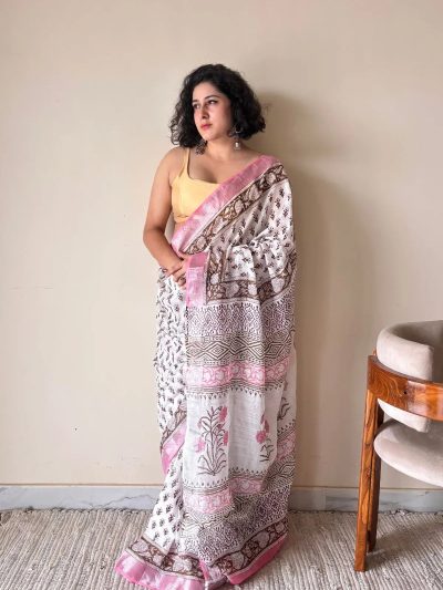 Bela Linen Cotton Bagru Handblock Printed Saree | White Pink