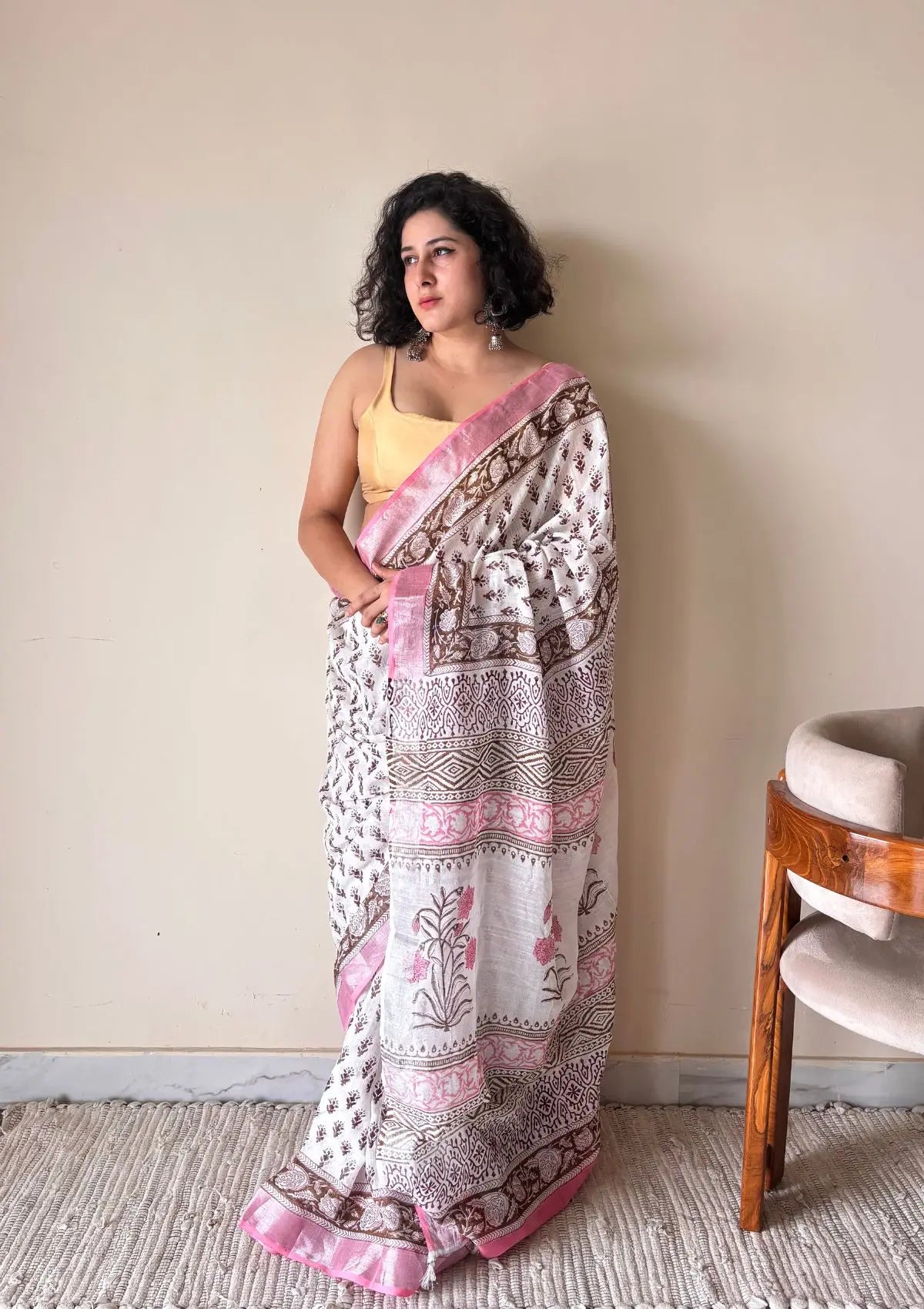 Bela Linen Cotton Bagru Handblock Printed Saree | White Pink