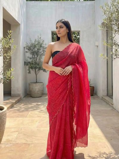 Aria Red Soft Mulmul Cotton Saree with Gold Stripes