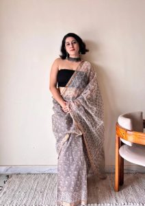 Meghna Kota Doria Cotton Silk Handblock Saree | Brown Grey
