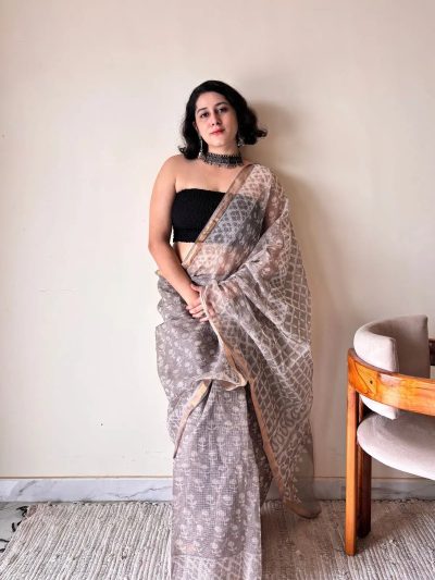 Meghna Kota Doria Cotton Silk Handblock Saree | Brown Grey