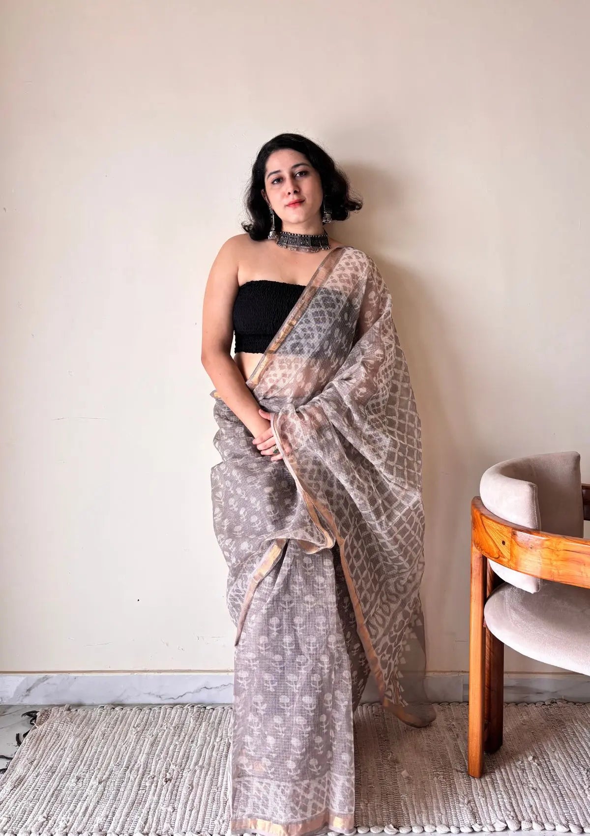 Meghna Kota Doria Cotton Silk Handblock Saree | Brown Grey