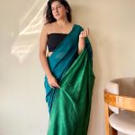 Mrinalini Peacock Blue and Green Soft Cotton Mulmul Saree