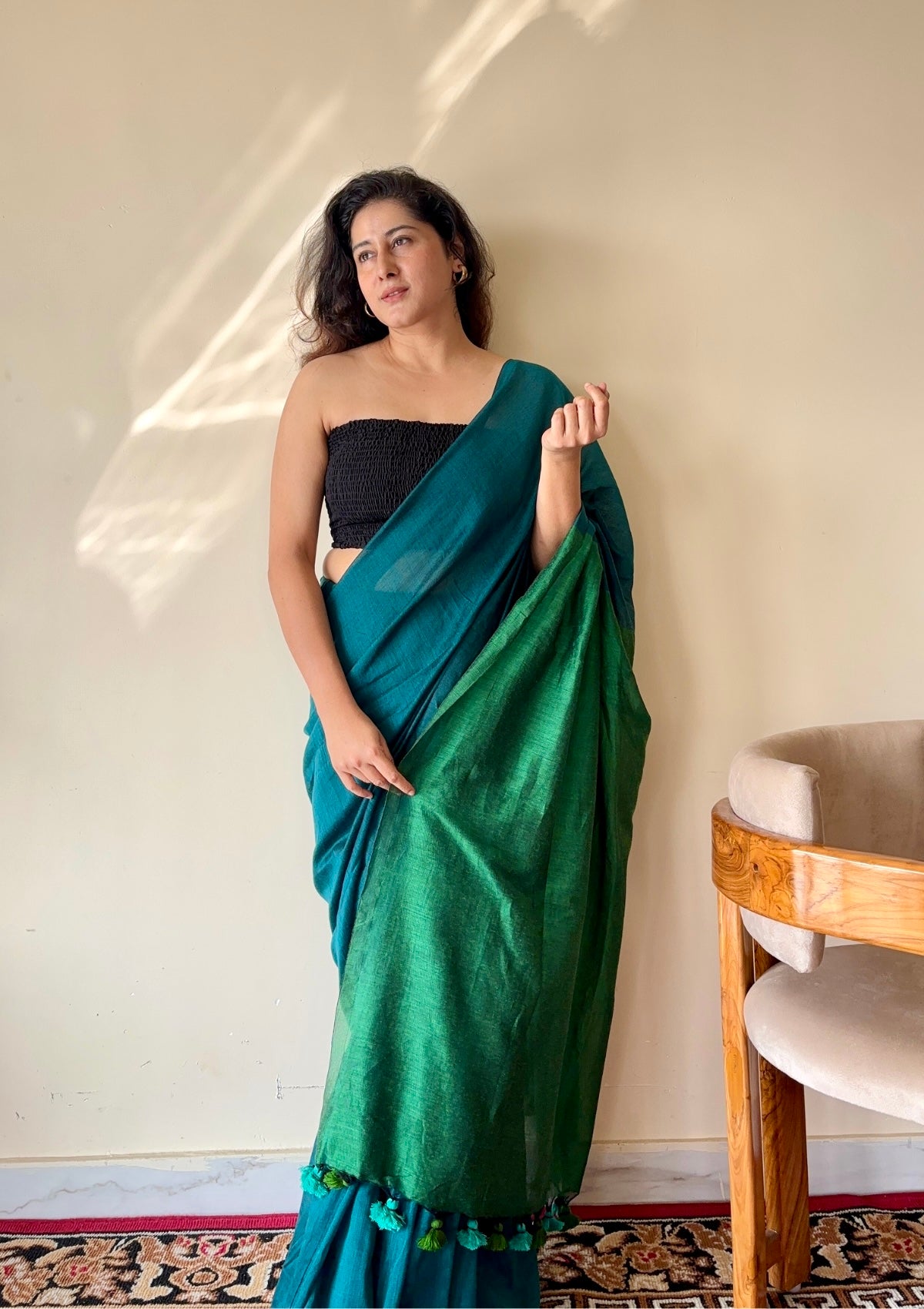 Mrinalini Peacock Blue and Green Soft Cotton Mulmul Saree