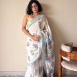 Hansini Linen Cotton Bagru Handblock Printed Saree | White Blue