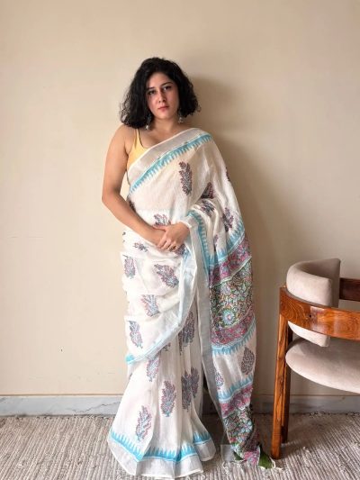 Hansini Linen Cotton Bagru Handblock Printed Saree | White Blue